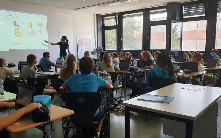 3-in-1 film magnetic projection and writable wall being used in classroom